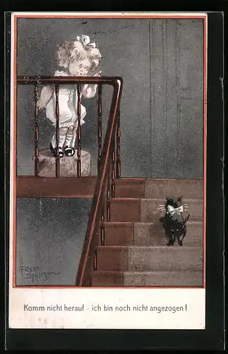 Künstler-AK Fred Spurgin: Treppensteigende, schwarze Katze und kleines Mädchen