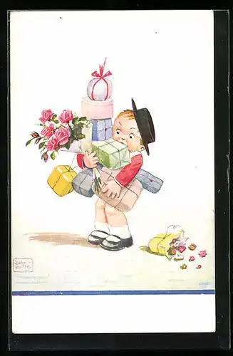 Künstler-AK John Wills: Knabe mit einem Haufen Geschenke