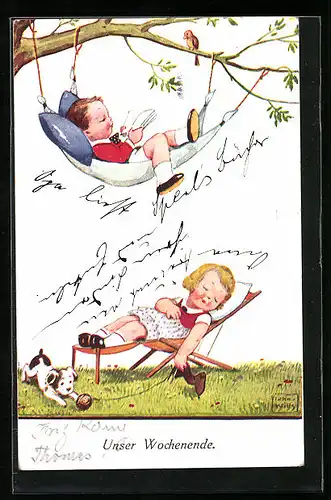 Künstler-AK John Wills: Kinder entspannen am Wochenende