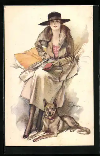 Künstler-AK Terzi: Modische Dame mit Schäferhund