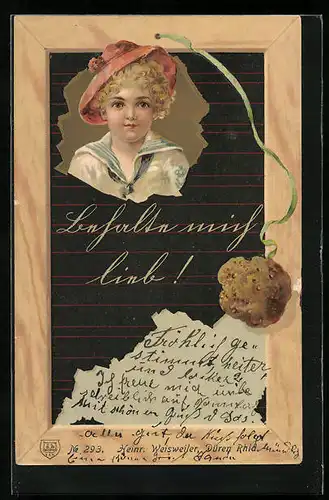 Präge-AK Kinderportrait auf Schultafel, Behalte mich lieb!