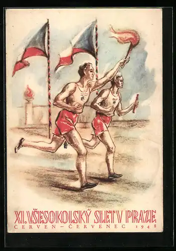 Künstler-AK Prag, Sokol 1948, XI. Vsesokolsky Slet v Praze, Fackelläufer