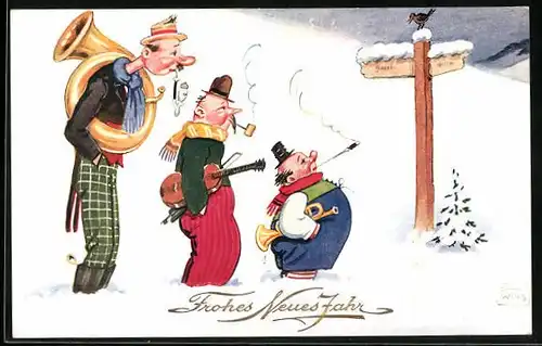 Künstler-AK John Wills: Müde Neujahrsmusiker am Wegweiser