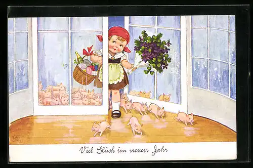 Künstler-AK John Wills: Mädchen und eine Horde Ferkel wünschen viel Glück im neuen Jahr
