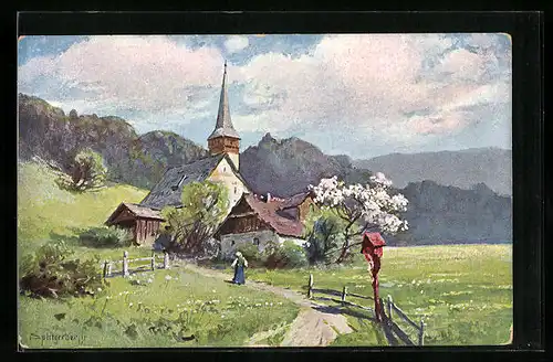 Künstler-AK August Splitgerber: Bergdorf im Frühling