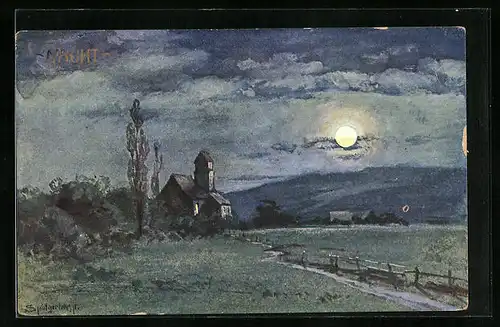 Künstler-AK August Splitgerber: Dorf bei Nacht im Mondlicht
