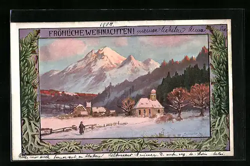 Künstler-AK August Splitgerber: Dorf im Schnee, Weihnachtsgruss