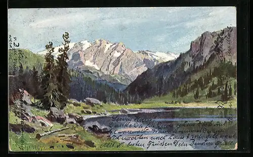 Künstler-AK August Splitgerber: Bergsee vor schroffen Gipfeln