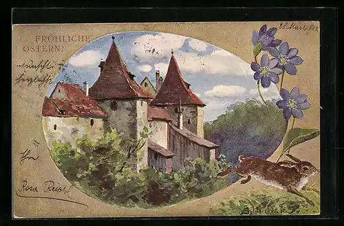 Künstler-AK August Splitgerber: Ansicht einer Burg, Ostergruss, Blumen