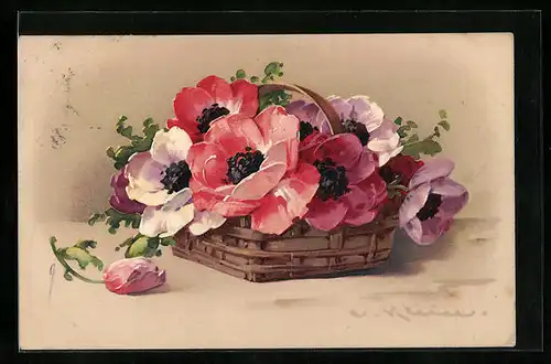Künstler-AK Catharina Klein: Mohnblumen im Körbchen