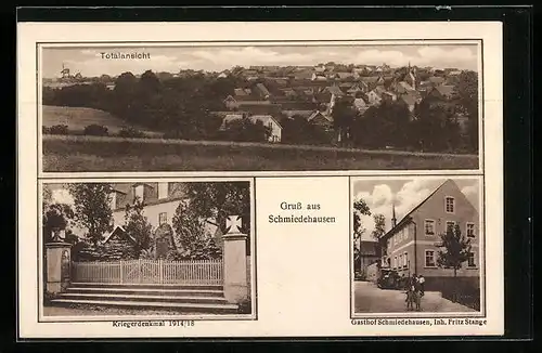AK Schmiedehausen, Gasthof von Fritz Stange, Kriegerdenkmal, Totalansicht