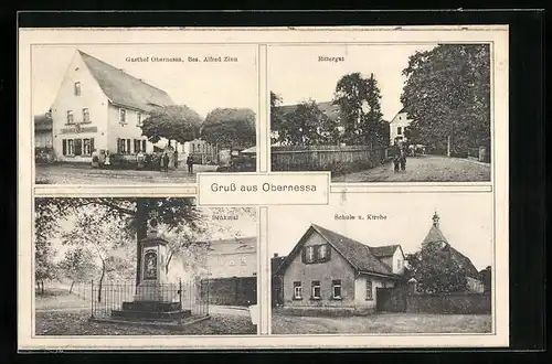 AK Obernessa, Gasthof von Alfred Zinn, Rittergut, Denkmal, Schule und Kirche