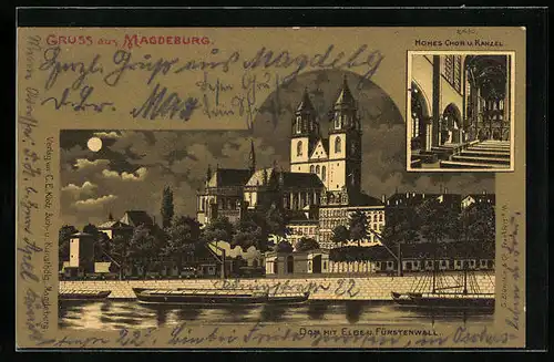 Mondschein-Lithographie Magdeburg, Dom mit Elbe und Fürstenwall