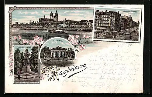 Lithographie Magdeburg, Dom mit Dampfer, Hasselbachplatz, Herrenkrug, Friesendenkmal