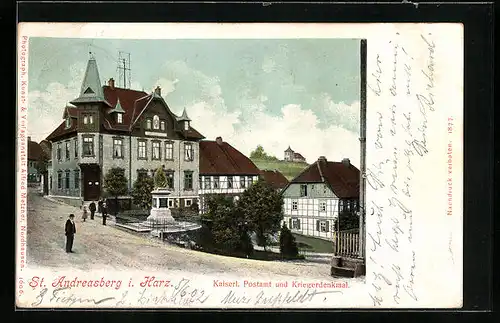 AK St. Andreasberg /Harz, Kaiserliches Postamt und Kriegerdenkmal