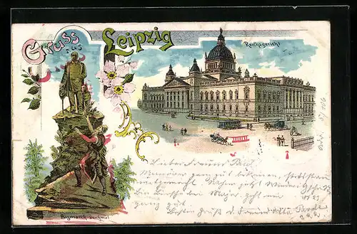 Lithographie Leipzig, Reichsgericht, Bismarckdenkmal