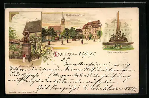 Lithographie Erfurt, Monumentalbrunnen, Kaufmannskirche, Lutherdenkmal