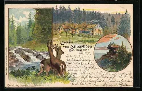 Lithographie Bad Harzburg, Silberborn, Elfenstein im Abendlicht, Rehe im Wald