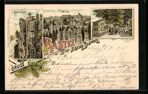 Vorläufer-Lithographie Bastei, Brücke, Basteifelsen, Hotel, Sächsische Schweiz, 1895