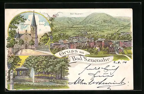 Lithographie Bad Neuenahr, Evang. Kirche, Partie aus dem Kurgarten, Panorama
