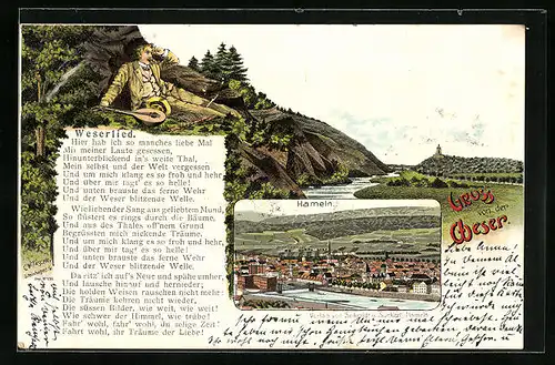 Lithographie Hameln, Weserlied, Mann mit Laute, Totalansicht