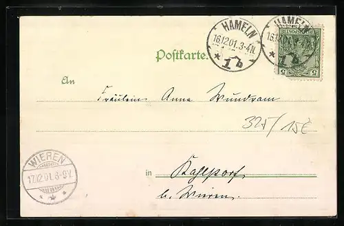 Lithographie Hameln, Weserlied, Mann mit Laute, Totalansicht