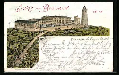 Lithographie Brocken, Aussichtsturm auf dem Berg