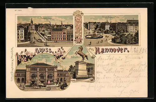 Lithographie Hannover, Bahnhofstrasse, Ernst-August-Platz, Bahnhof Hauptportal, Sachsenross