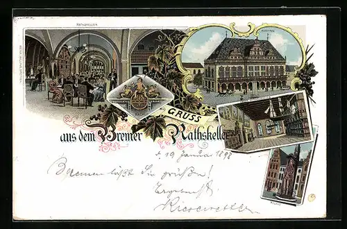 Lithographie Bremen, Gasthaus Ratskeller, Rathaus
