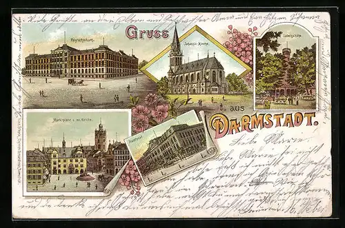 Lithographie Darmstadt, Johannis Kirche, Ludwigshöhe, Polytechnikum, Hauptpost