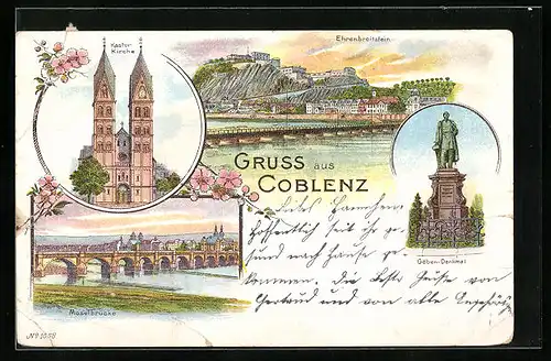 Lithographie Coblenz, Kastor Kirche, Ehrenbreitstein, Moselbrücke