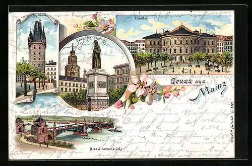 Lithographie Mainz, Theater, Gutenberg-Denkmal, Holzthurm, Neue Strassenbrücke
