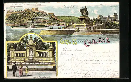 Lithographie Coblenz, Kasierin Augusta Denkmal, Festung Ehrenbreitstein, Provinzial Denkmal Kaiser Wilhelm I