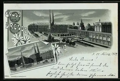 Mondschein-Lithographie Dresden, Postplatz, Zwingerhof in der Nacht