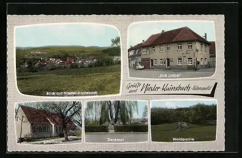 AK Nieder-Kainsbach, Gasthaus zur Linde, Schulhaus, Denkmal, Waldpartie mit Hirsch