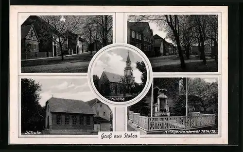 AK Stobra, Kriegerdenkmal, Schule, Strassenpartien