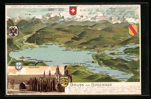 Lithographie Konstanz, Topographische Karte des Bodensees