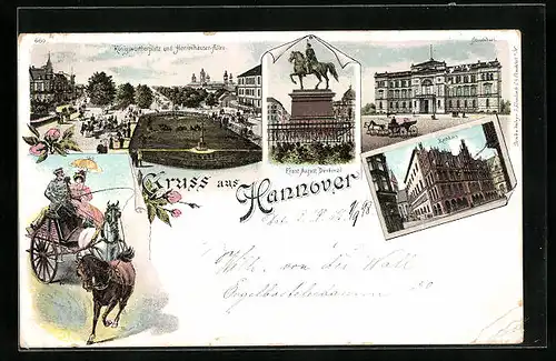 Lithographie Hannover, Ständehaus, Königswotherplatz und Herrenhäuser-Allee