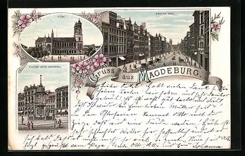Lithographie Magdeburg, Strassenpartie am Breiten Weg, Dom, Kaiser Otto Denkmal