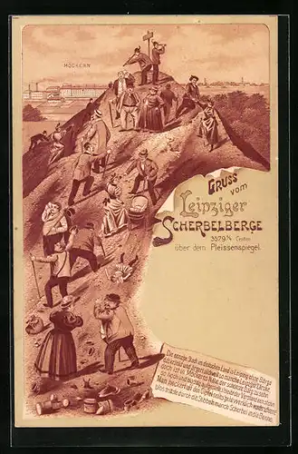 Lithographie Leipzig, Möckern, Bergsteiger auf dem Scherbelberg