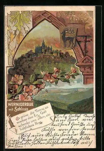 Passepartout-Lithographie Wernigerode, Fernblick aufs Schloss, Wappen