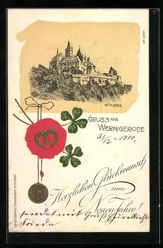 Lithographie Wernigerode, Schloss mit Siegel, Kleeblätter