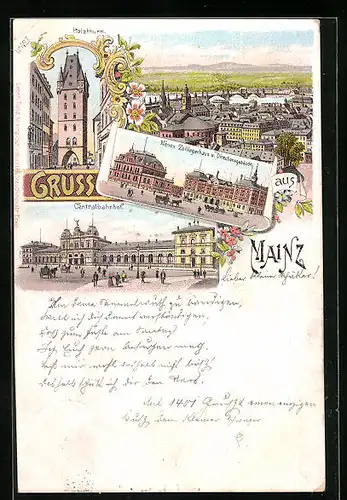 Lithographie Mainz, Holzturm, Neues Zolllagerhaus und Direktionsgebäude, Zentralbahnhof