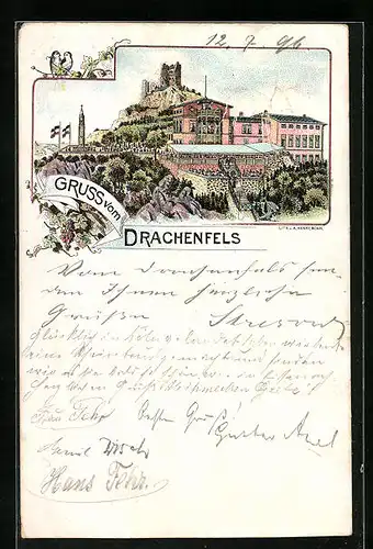 Lithographie Drachenfels, Gasthof gegen Turmruine
