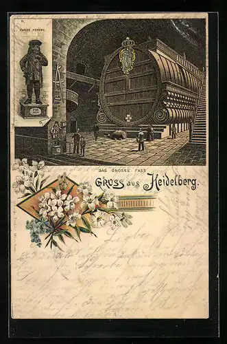 Lithographie Heidelberg, Gasthaus, Das grosse Fass im Ratskeller, Zwerg Perkeo