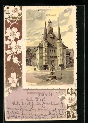 Lithographie Wernigerode, Rathaus mit Brunnen, Geprägter Rahmen