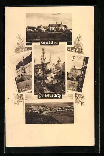 AK Dettelbach a. M., Klosterkirche, Rathaus, Flusspartie, Panorama