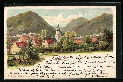 Lithographie Friedrichroda, Panorama mit Gebirge