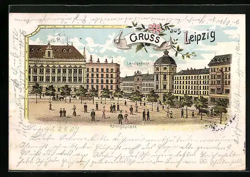 Lithographie Leipzig, Königsplatz mit Landgericht