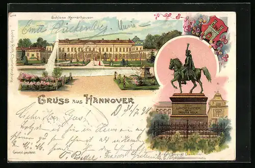 Lithographie Hannover, Schloss Herrenhausen, Ernst August Denkmal